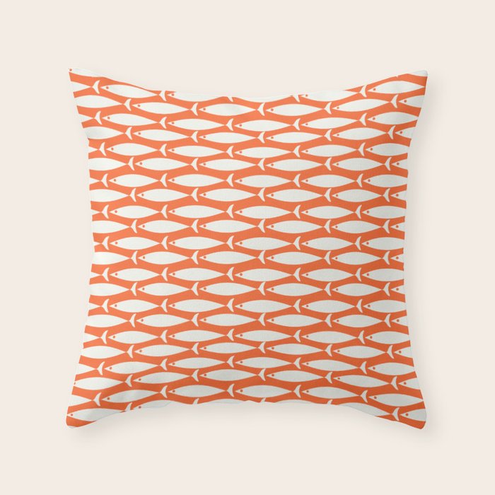 Mid Century Modern Minimalist Fish Pattern in Orange and White Throw Pillow Gallery Image 1