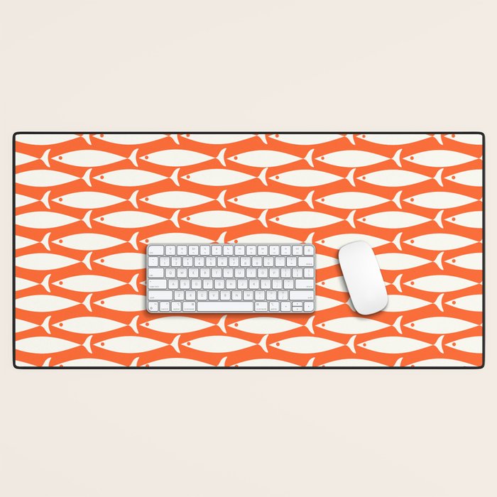 Mid Century Modern Minimalist Fish Pattern in Orange and White Desk Mat Gallery Image 1
