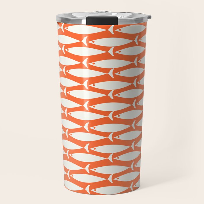 Mid Century Modern Minimalist Fish Pattern in Orange and White Travel Mug Gallery Image 1
