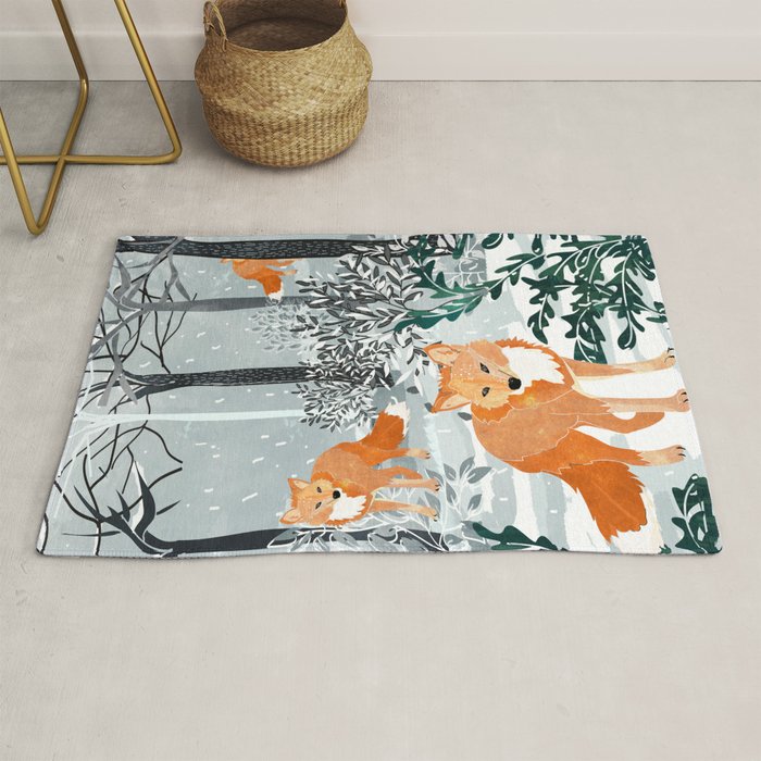 Fox Snow Walk, Animals Wildlife Winter, New Years Christmas Forest Wildlife Painting Rug Gallery Image 1