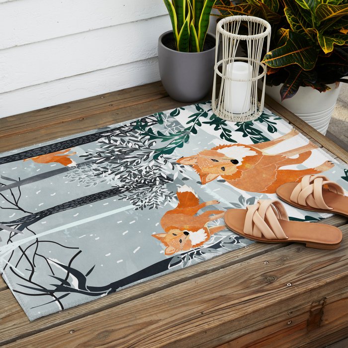 Fox Snow Walk, Animals Wildlife Winter, New Years Christmas Forest Wildlife Painting Outdoor Rug Gallery Image 2