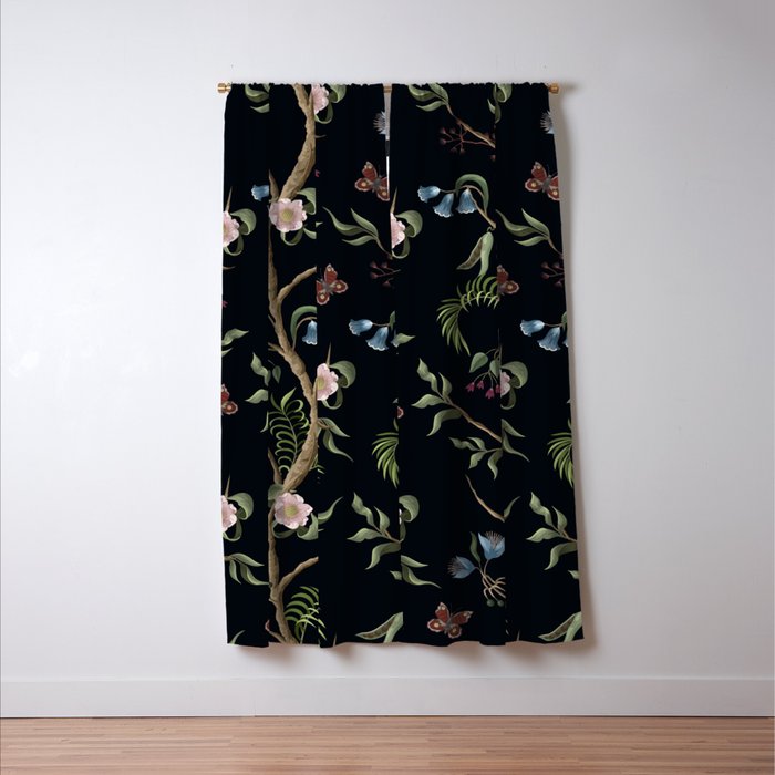 Tropical Chinoiserie Dark Peony Floral Window Curtain Gallery Image 3