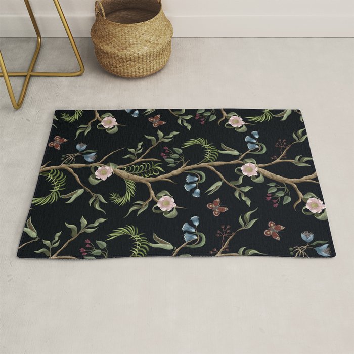 Tropical Chinoiserie Dark Peony Floral Rug Gallery Image 1