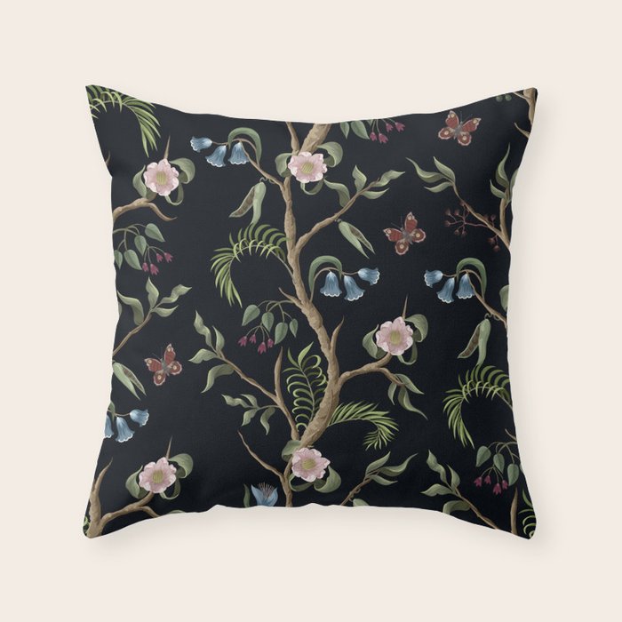 Tropical Chinoiserie Dark Peony Floral Throw Pillow Gallery Image 6