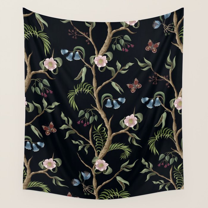 Tropical Chinoiserie Dark Peony Floral Wall Tapestry Gallery Image 4