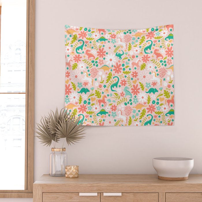 Dinosaurs + Unicorns in Pink + Teal Wall Tapestry Gallery Image 2