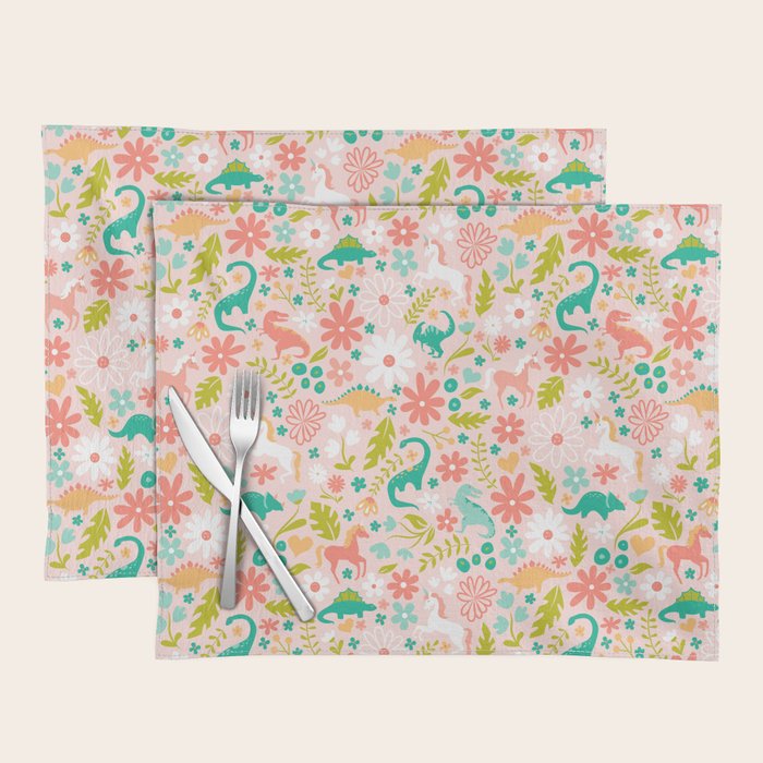 Dinosaurs + Unicorns in Pink + Teal Placemat Gallery Image 1