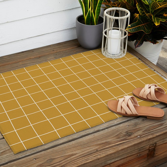 Hand Drawn Grid Golden Outdoor Rug Gallery Image 2