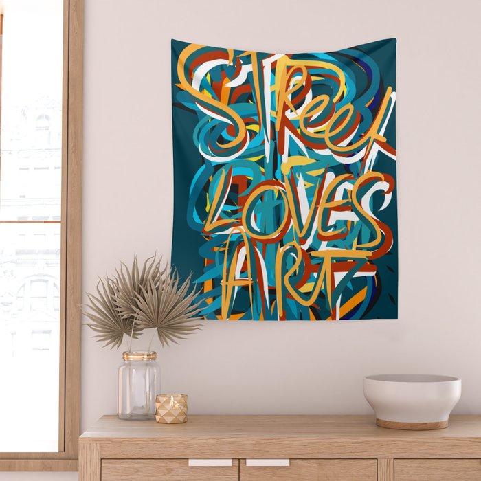 Street Loves Art Graffiti Urban Art Writing Blue and Yellow Wall Tapestry Gallery Image 2