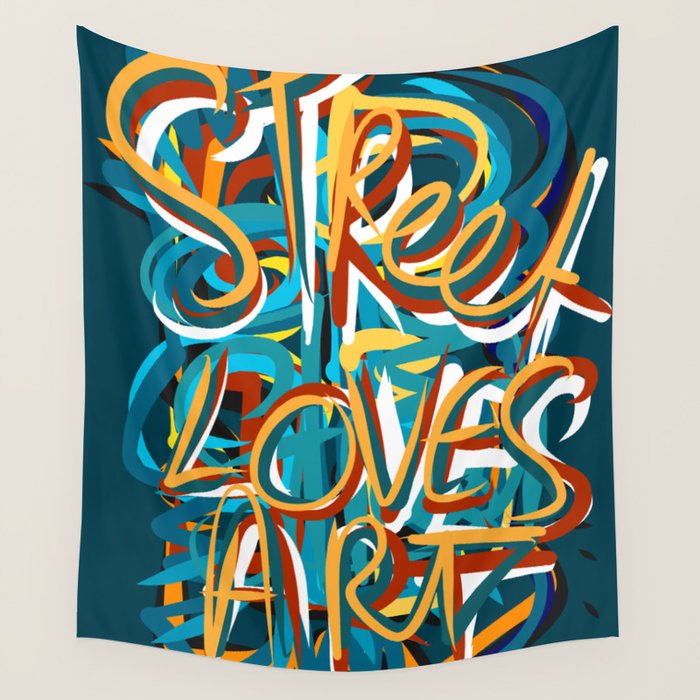 Street Loves Art Graffiti Urban Art Writing Blue and Yellow Wall Tapestry Gallery Image 1