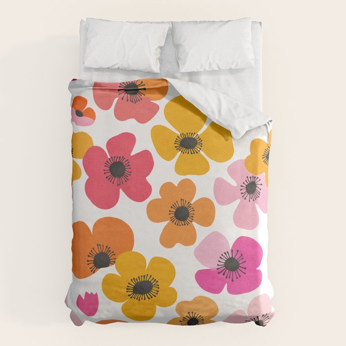 Midcentury Playful Botanical Bold Multicolor Retro Flowers White Duvet Cover Gallery Image 1
