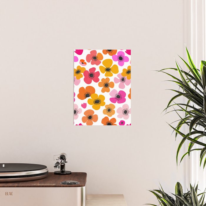 Midcentury Playful Botanical Bold Multicolor Retro Flowers White Poster Gallery Image 2