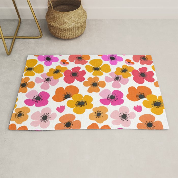 Midcentury Playful Botanical Bold Multicolor Retro Flowers White Rug Gallery Image 1