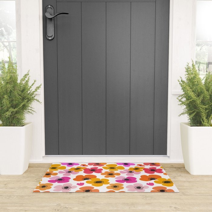 Midcentury Playful Botanical Bold Multicolor Retro Flowers White Welcome Mat Gallery Image 3