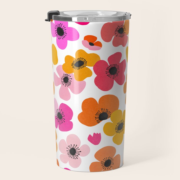 Midcentury Playful Botanical Bold Multicolor Retro Flowers White Travel Mug Gallery Image 3