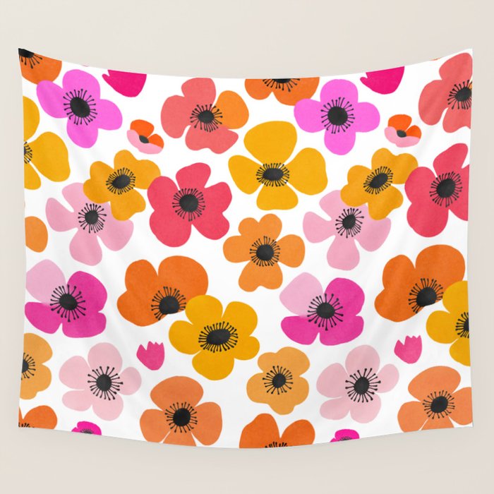 Midcentury Playful Botanical Bold Multicolor Retro Flowers White Wall Tapestry Gallery Image 4