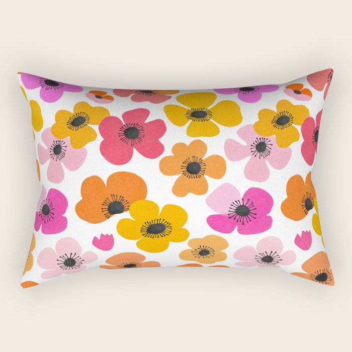 Midcentury Playful Botanical Bold Multicolor Retro Flowers White Rectangular Pillow Gallery Image 2