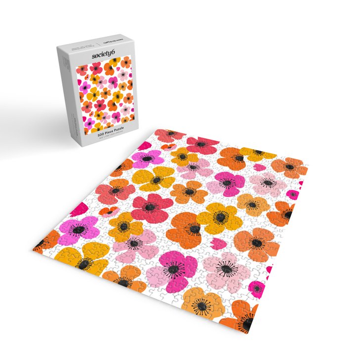 Midcentury Playful Botanical Bold Multicolor Retro Flowers White Jigsaw Puzzle Gallery Image 2