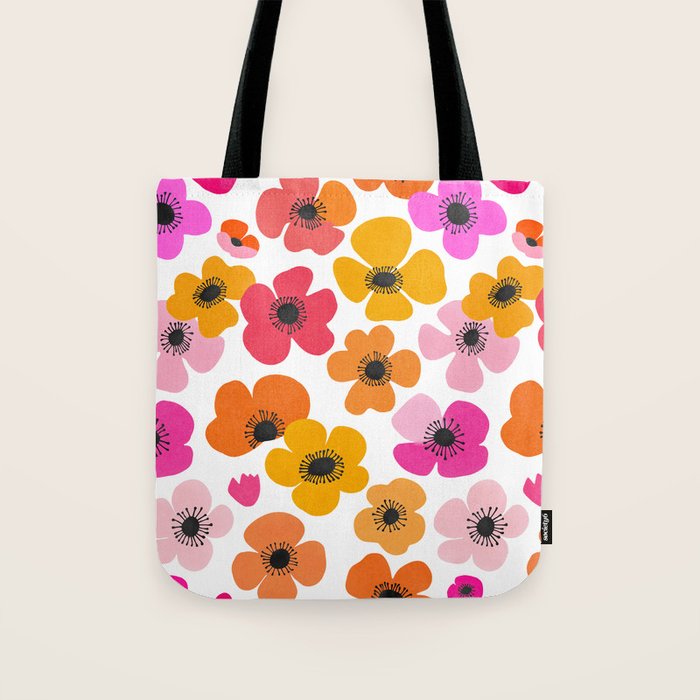 Midcentury Playful Botanical Bold Multicolor Retro Flowers White Tote Bag Gallery Image 1