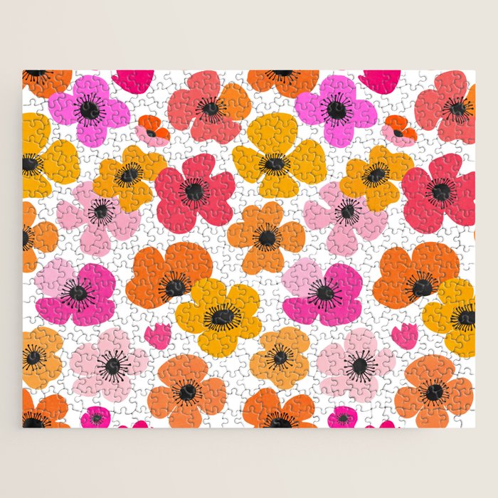 Midcentury Playful Botanical Bold Multicolor Retro Flowers White Jigsaw Puzzle Gallery Image 1