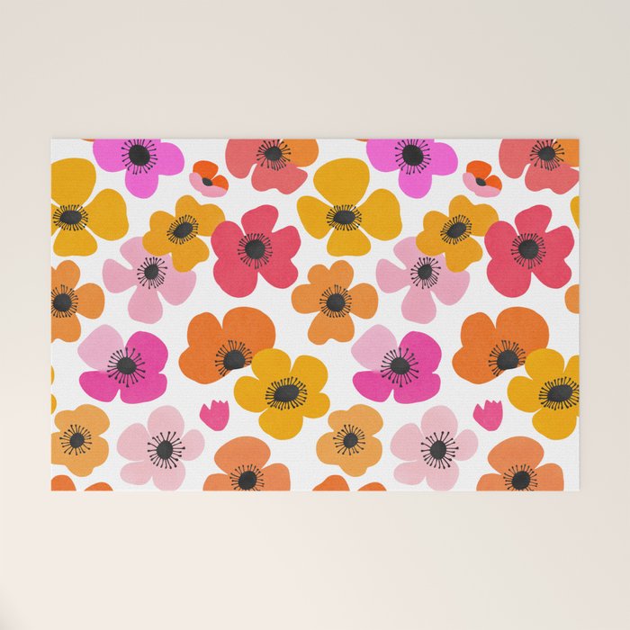 Midcentury Playful Botanical Bold Multicolor Retro Flowers White Welcome Mat Gallery Image 1
