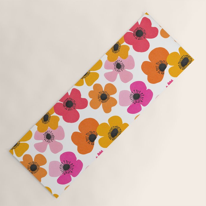 Midcentury Playful Botanical Bold Multicolor Retro Flowers White Yoga Mat Gallery Image 1