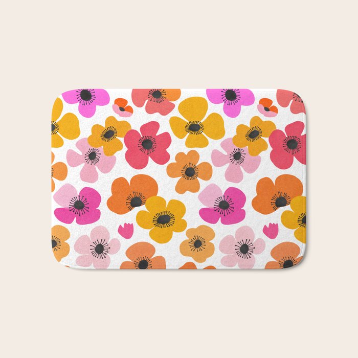 Midcentury Playful Botanical Bold Multicolor Retro Flowers White Bath Mat Gallery Image 1