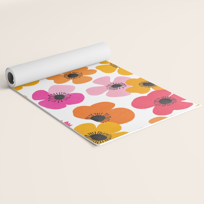 Midcentury Playful Botanical Bold Multicolor Retro Flowers White Yoga Mat Gallery Image 2