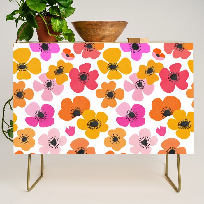 Midcentury Playful Botanical Bold Multicolor Retro Flowers White Credenza Gallery Image 1
