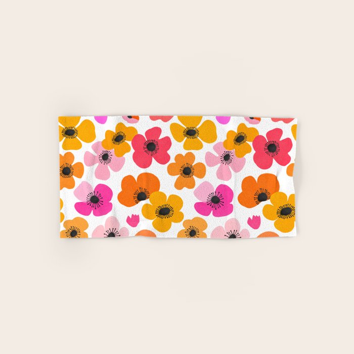 Midcentury Playful Botanical Bold Multicolor Retro Flowers White Bath Towel Gallery Image 1