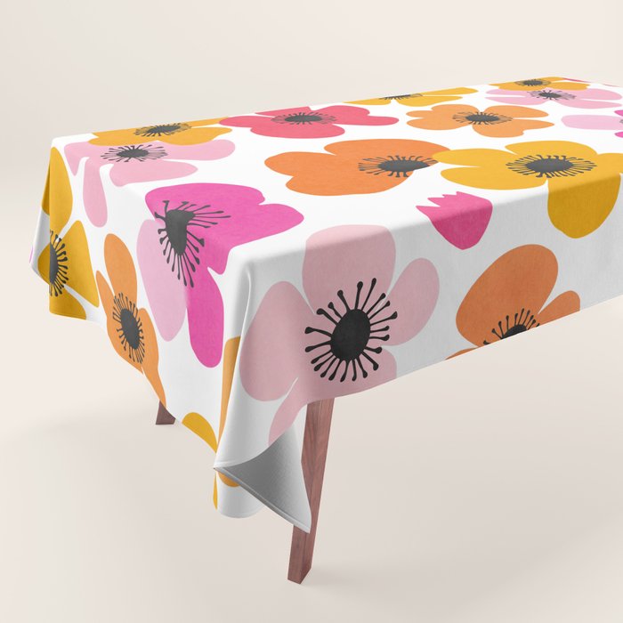 Midcentury Playful Botanical Bold Multicolor Retro Flowers White Tablecloth Gallery Image 1