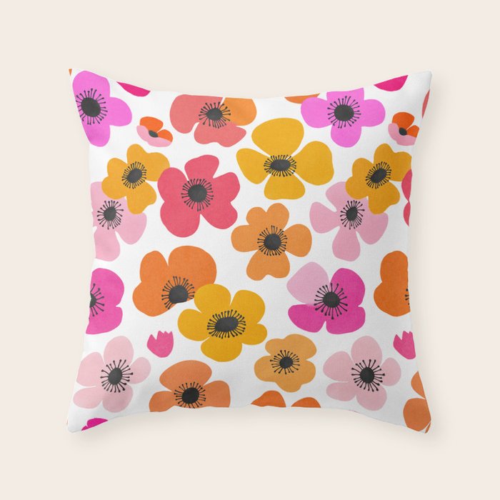 Midcentury Playful Botanical Bold Multicolor Retro Flowers White Throw Pillow Gallery Image 6