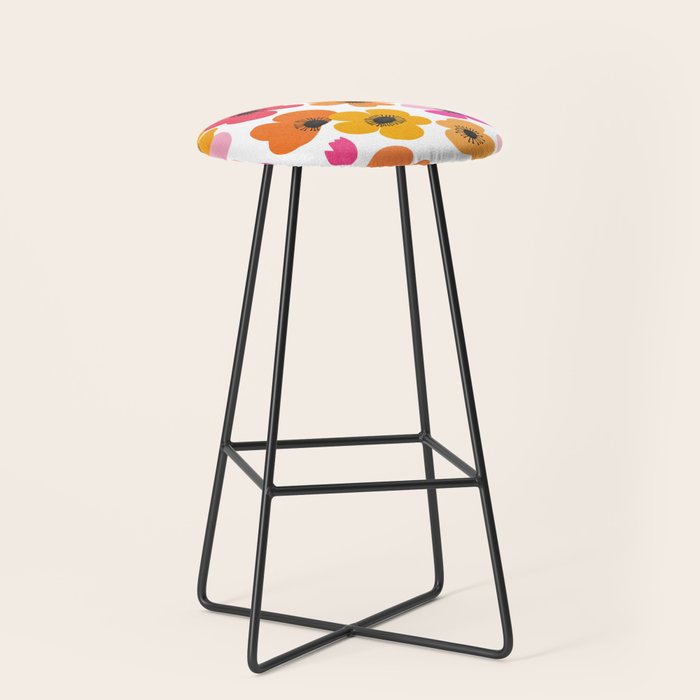Midcentury Playful Botanical Bold Multicolor Retro Flowers White Stool Gallery Image 1