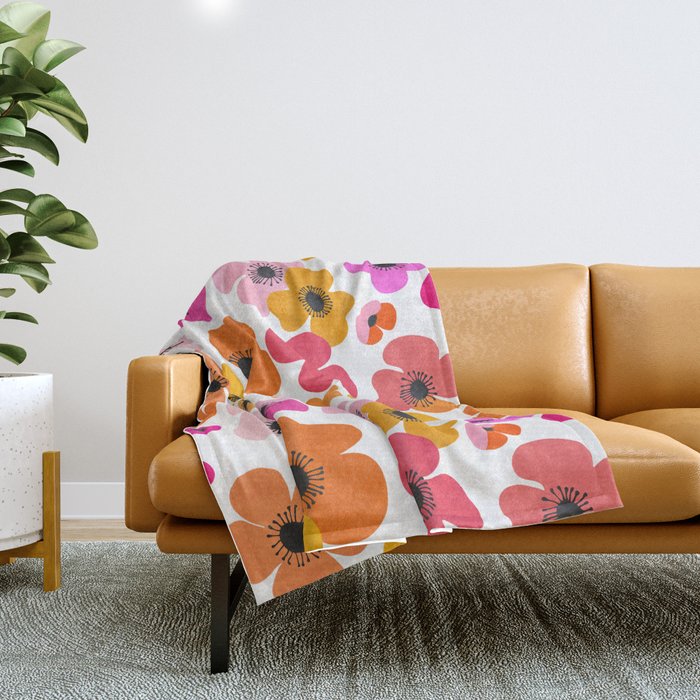 Midcentury Playful Botanical Bold Multicolor Retro Flowers White Throw Blanket Gallery Image 1