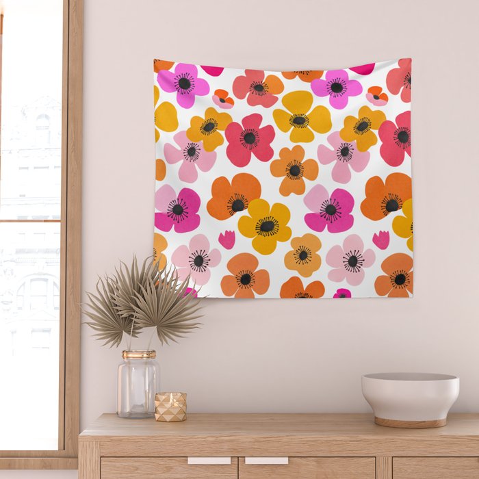 Midcentury Playful Botanical Bold Multicolor Retro Flowers White Wall Tapestry Gallery Image 2