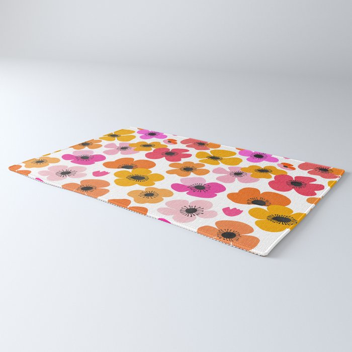 Midcentury Playful Botanical Bold Multicolor Retro Flowers White Rug Gallery Image 3