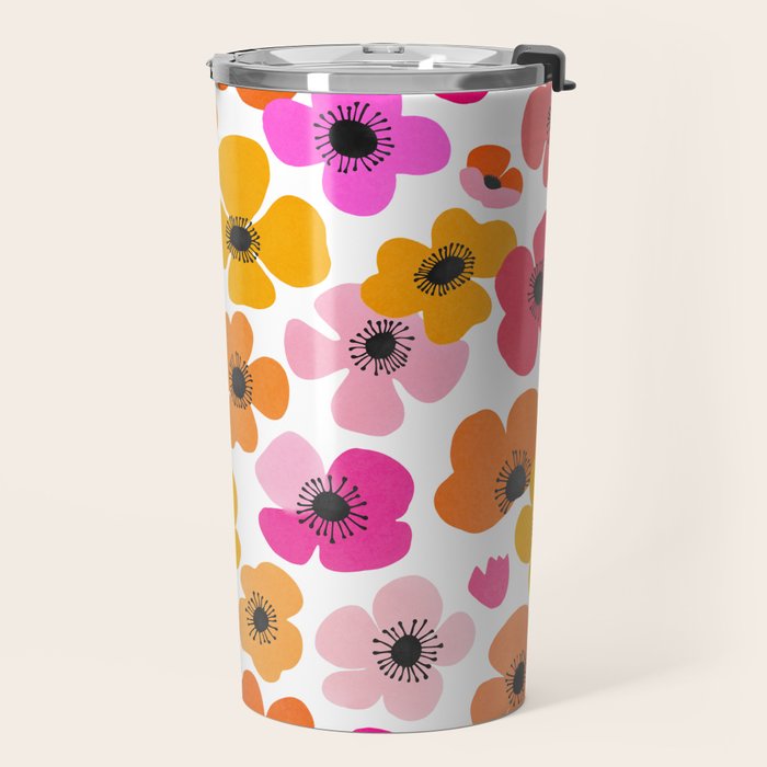 Midcentury Playful Botanical Bold Multicolor Retro Flowers White Travel Mug Gallery Image 2