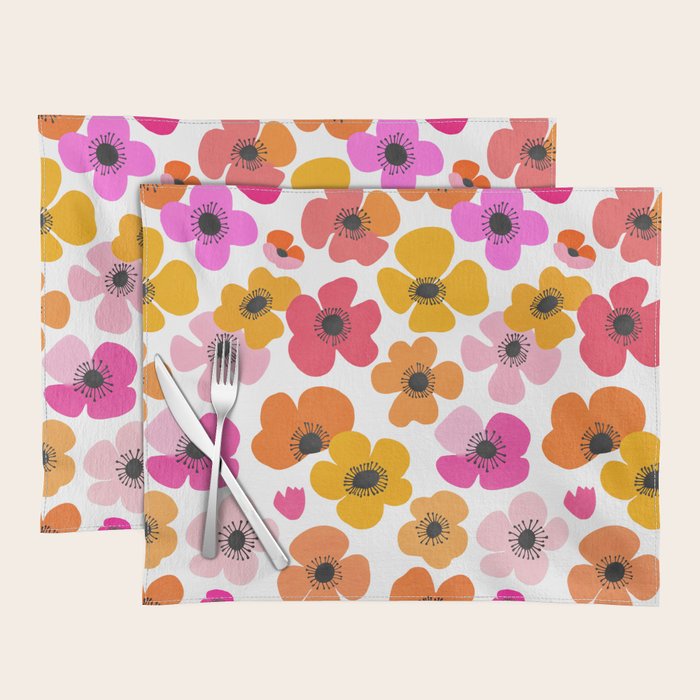 Midcentury Playful Botanical Bold Multicolor Retro Flowers White Placemat Gallery Image 1