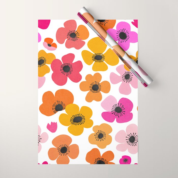Midcentury Playful Botanical Bold Multicolor Retro Flowers White Wrapping Paper