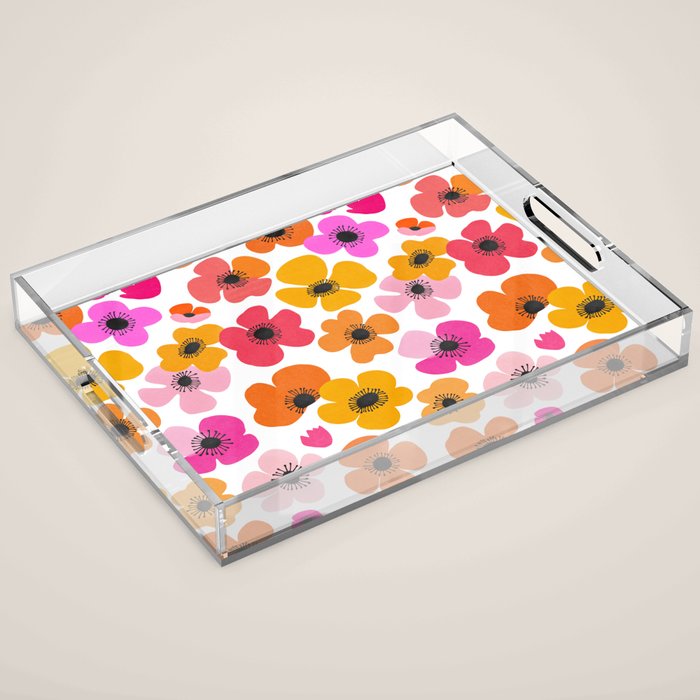 Midcentury Playful Botanical Bold Multicolor Retro Flowers White Acrylic Tray Gallery Image 1