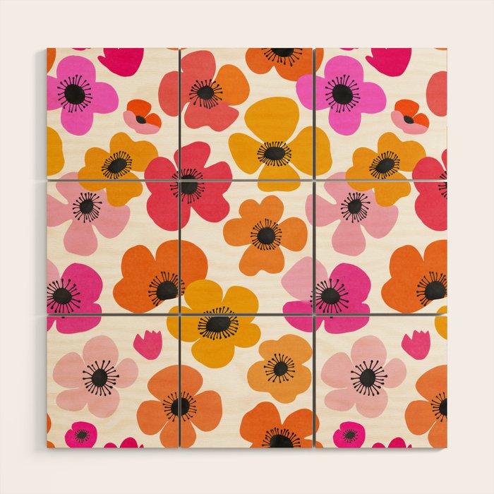 Midcentury Playful Botanical Bold Multicolor Retro Flowers White Wood Wall Art Gallery Image 1