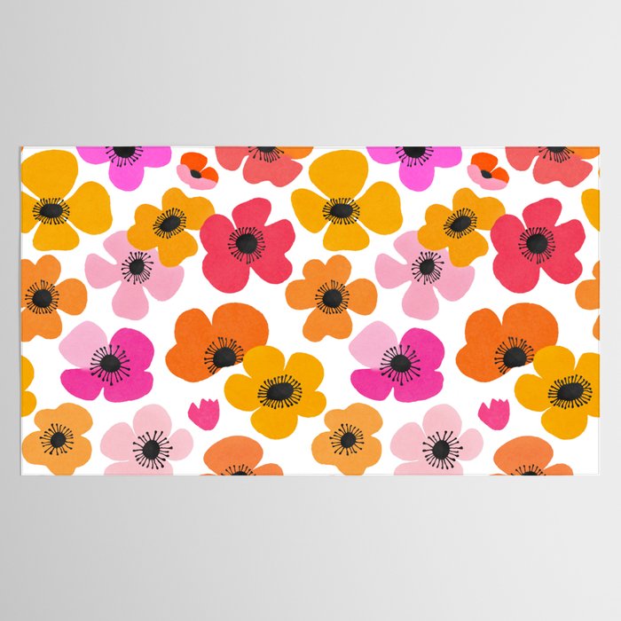 Midcentury Playful Botanical Bold Multicolor Retro Flowers White Tablecloth Gallery Image 2