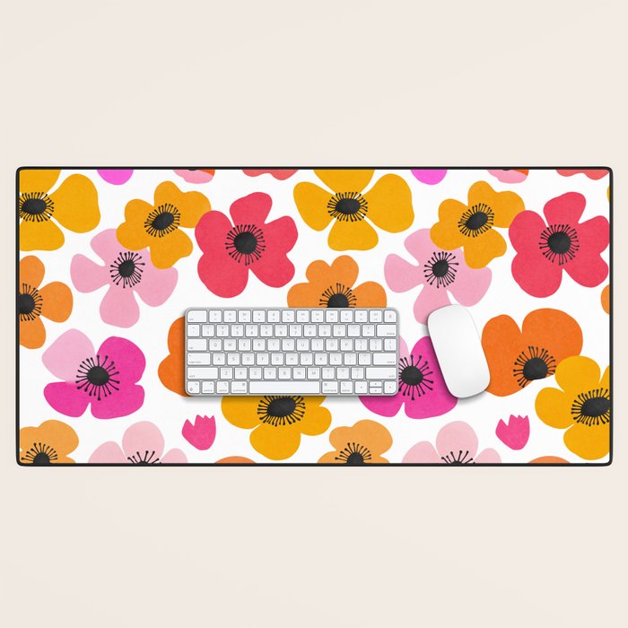 Midcentury Playful Botanical Bold Multicolor Retro Flowers White Desk Mat Gallery Image 1