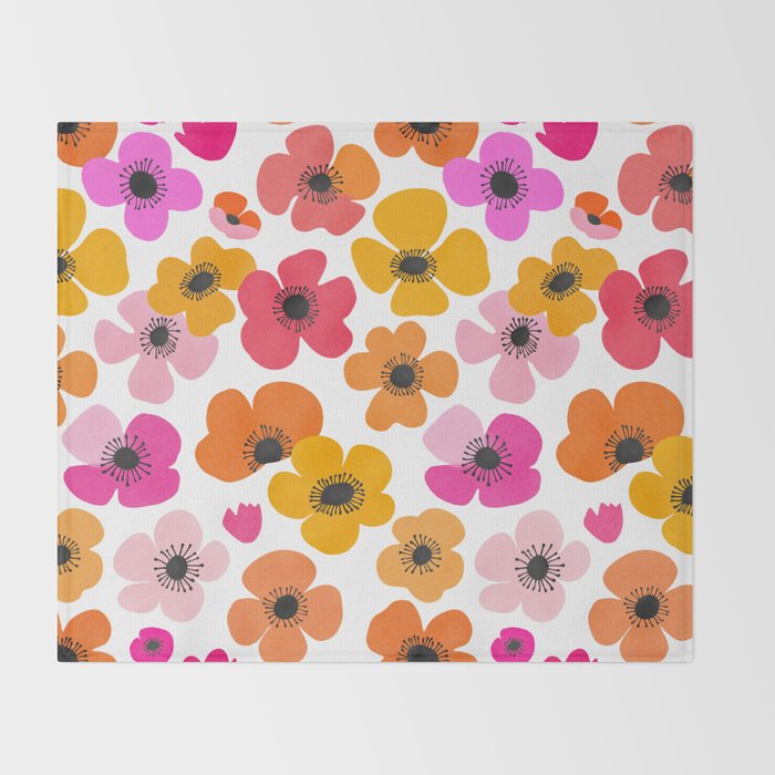 Midcentury Playful Botanical Bold Multicolor Retro Flowers White Throw Blanket Gallery Image 2