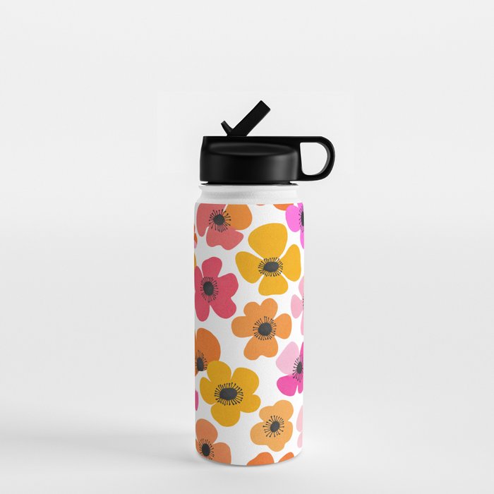 Midcentury Playful Botanical Bold Multicolor Retro Flowers White Water Bottle Gallery Image 1