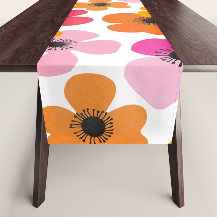 Midcentury Playful Botanical Bold Multicolor Retro Flowers White Table Runner Gallery Image 1