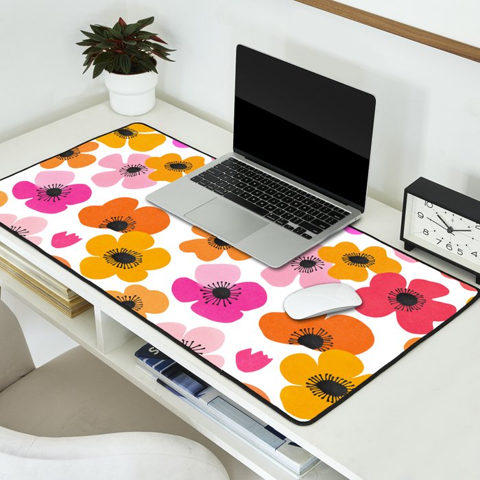 Midcentury Playful Botanical Bold Multicolor Retro Flowers White Desk Mat Gallery Image 2