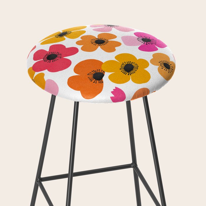 Midcentury Playful Botanical Bold Multicolor Retro Flowers White Stool Gallery Image 2