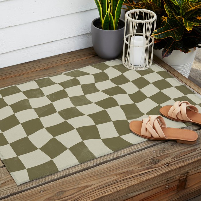 Warped Checkerboard - Olive Green Outdoor Rug Gallery Image 2