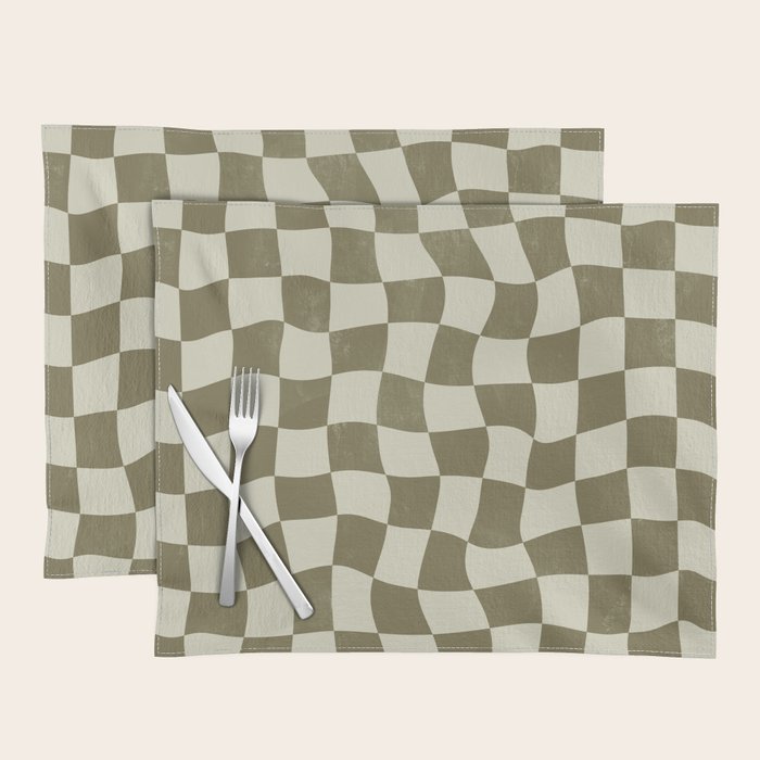 Warped Checkerboard - Olive Green Placemat Gallery Image 1